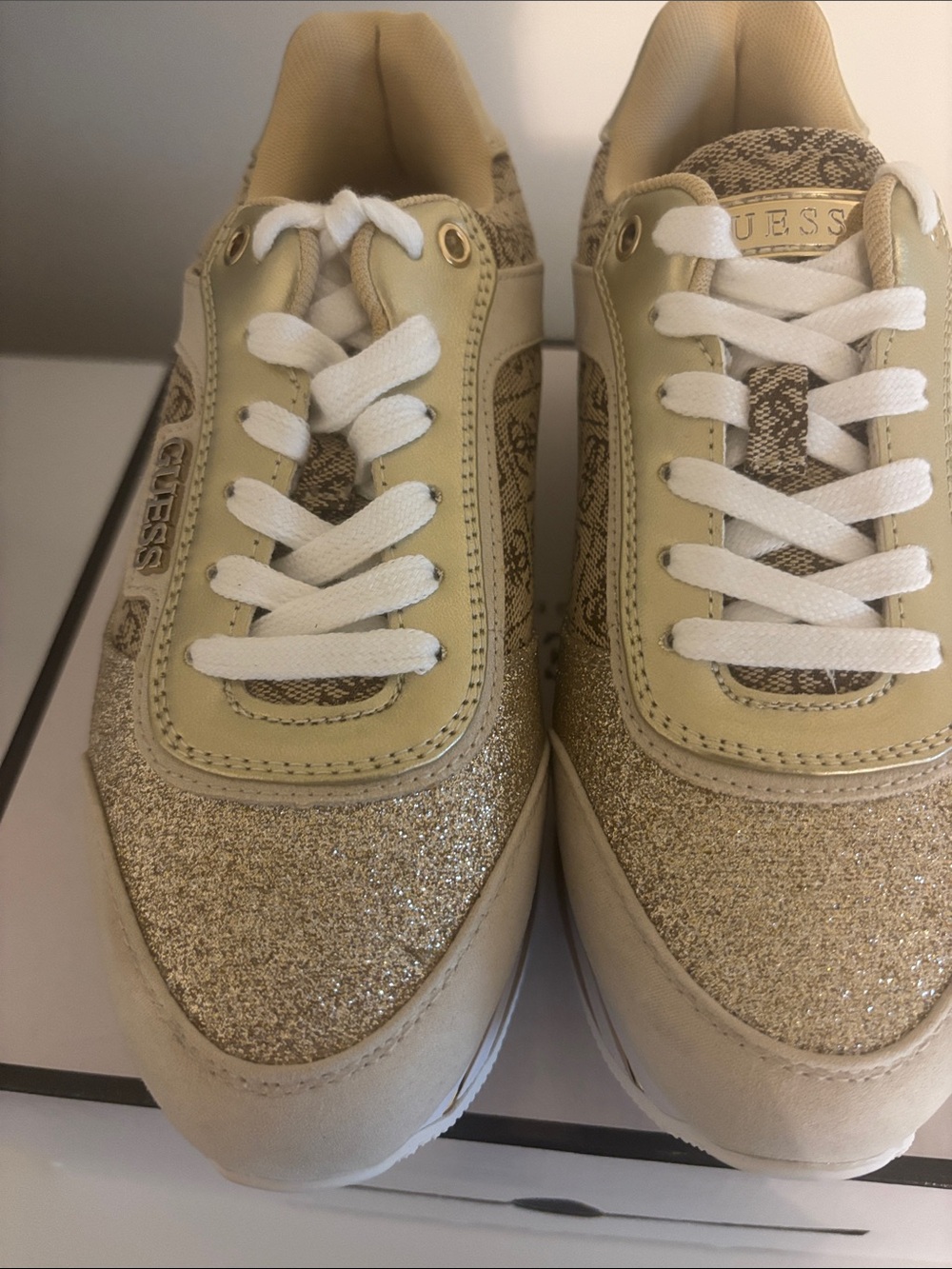 Guess Women's Gold Glitter & Cream platform Logo Sneakers